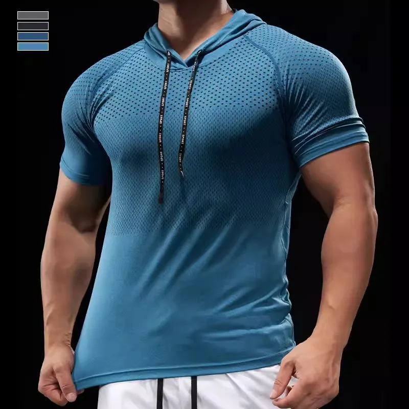 Summer GYM Sport Hooded Running Men T shirt Fitness Slim fit compression elastic Short sleeve Quick Dry Bodybuilding Tshirt image 4