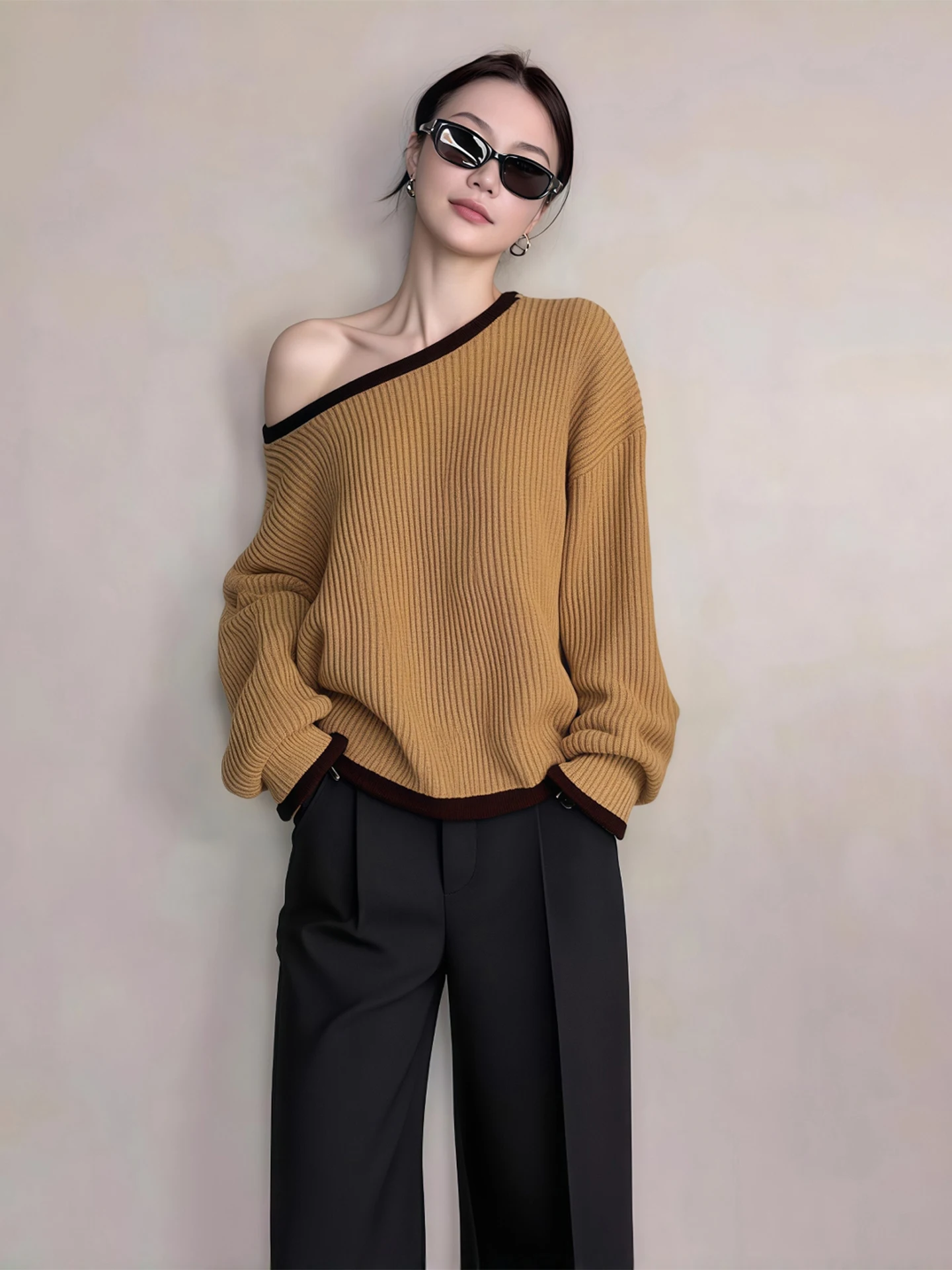 

Цветной вязаный свитер, женский красивый ранний осенний маленький топ, корейский свободный крой, длинный свек, полиэфирное волокно