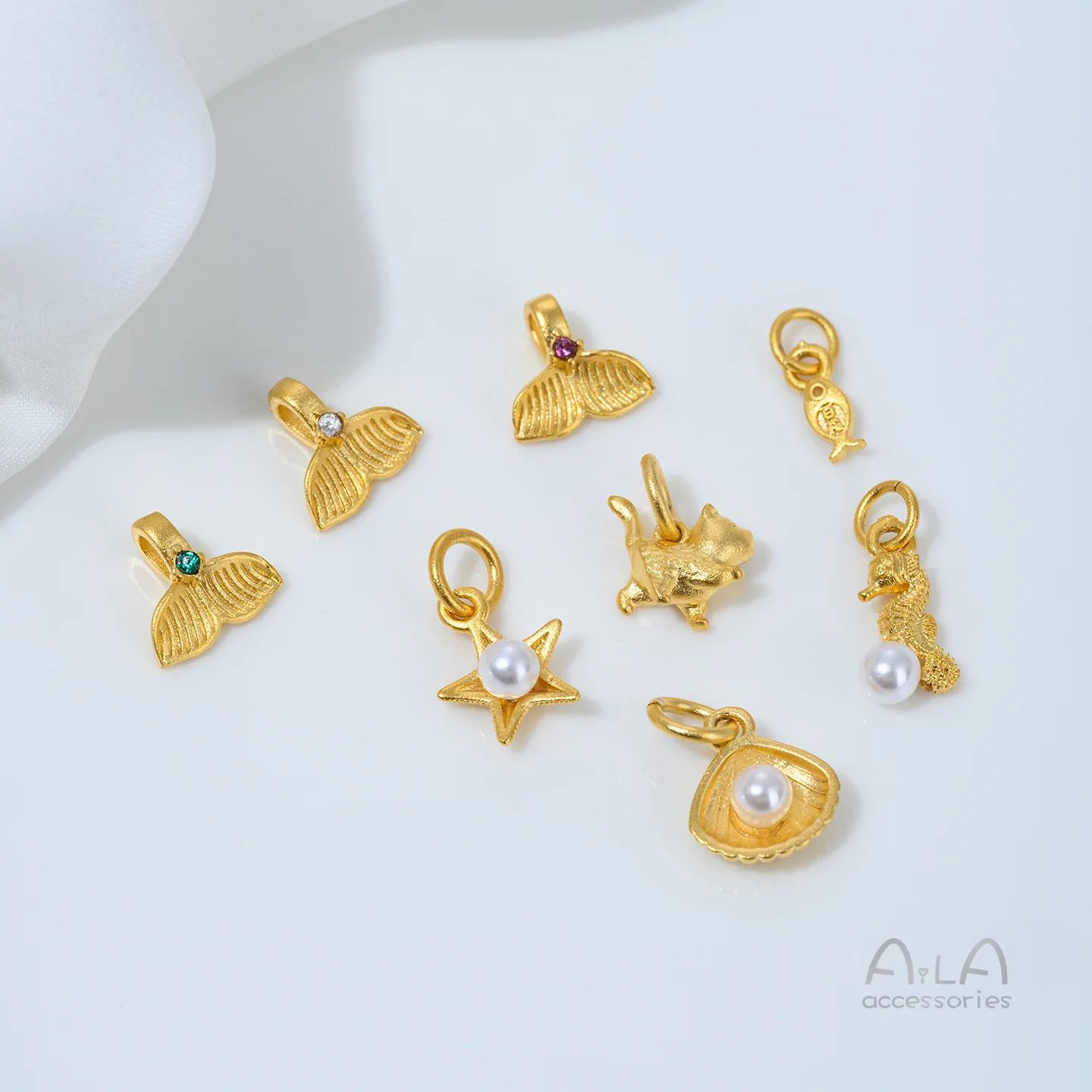 Vietnamese Sand Gold Inlaid Zircon Fishtail Pentagram Seahorse Bead Cap Pendants DIY Handmade Jewelry Charms Accessories