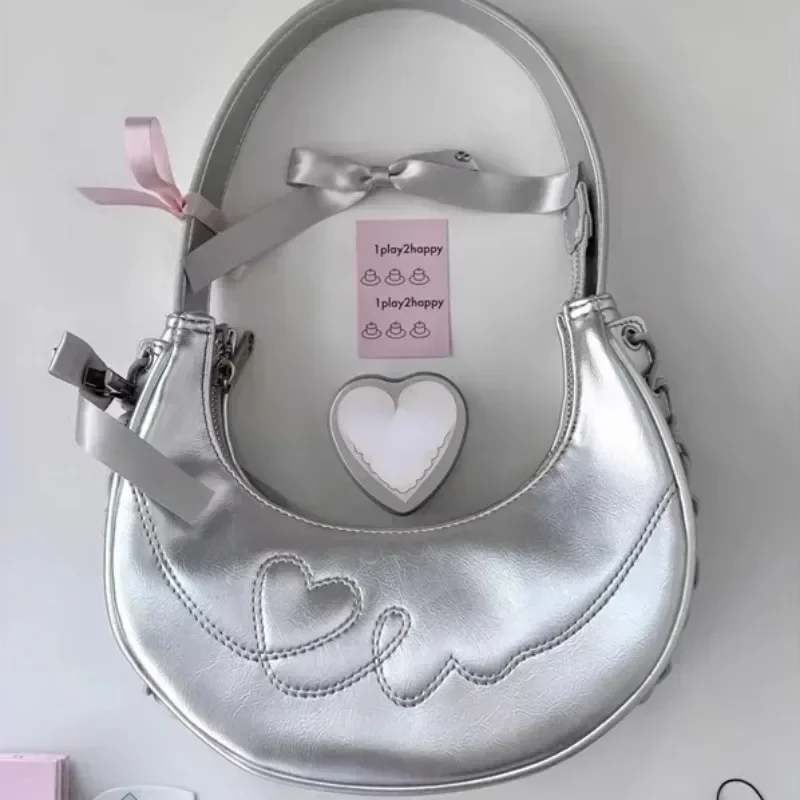 Ladies Handbag Underarm Bags Purses Handbags Women Y2K Vintage Korean Silver Shoulder Luxury Half Moon Small Wallet Tote Bag