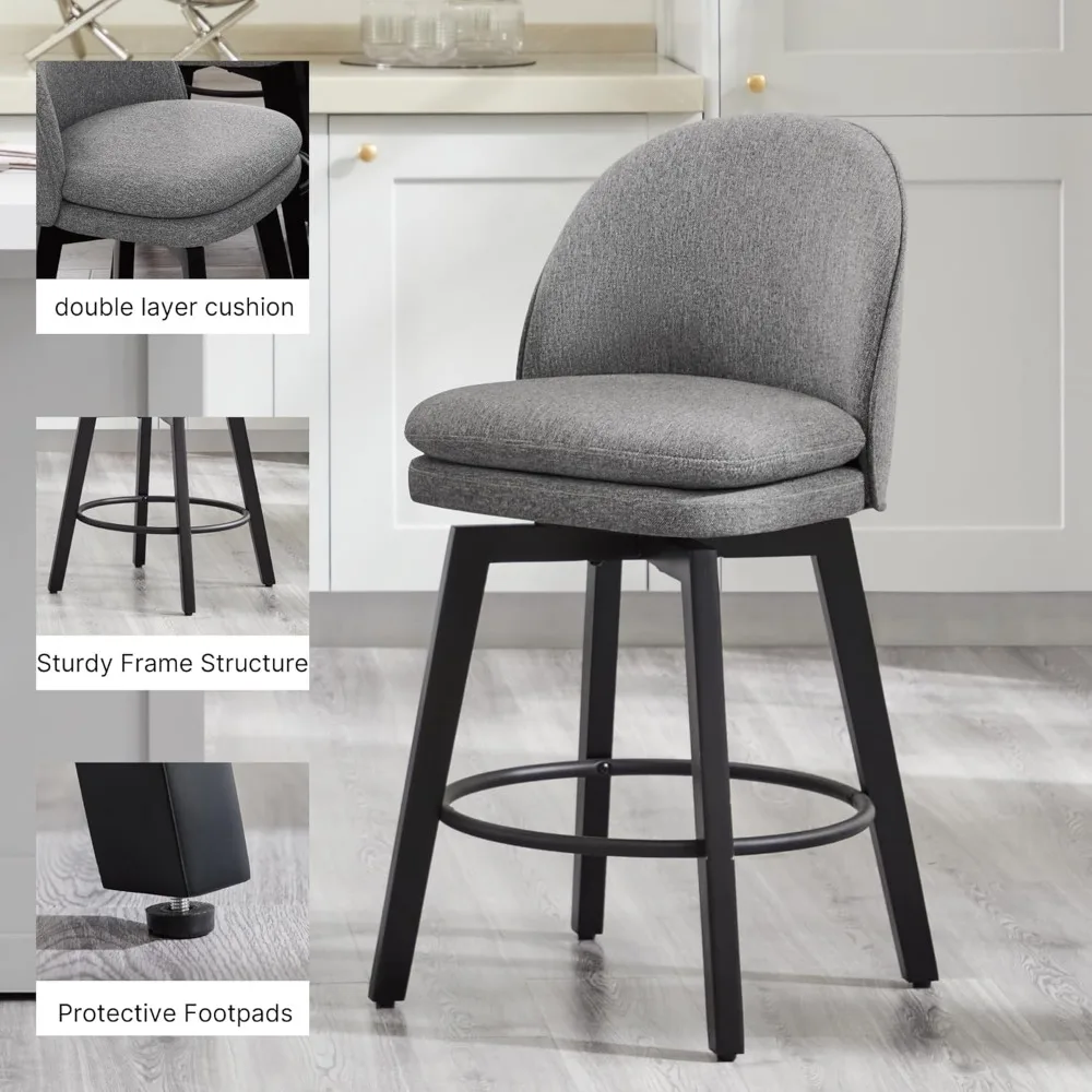 Counter Height Barstools 26 inch Upholstered Swivel Bar Stools with Back for Kitchen Island,Set of 4,Dark Grey Fabric-Armless