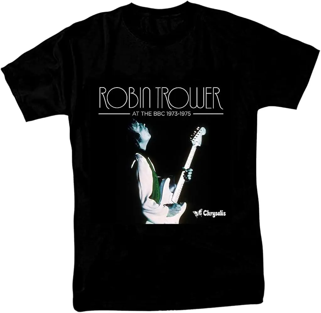 at The  1973-75ROBIN Trower Black Casual Crew Neck Sleeve Men's Short Sleeve Tee Top T-Shirt