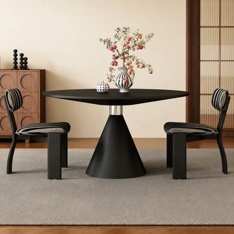 Retro Black Solid Wood Round Dining Table with Turntable Medium Size Antique Style for Small Apartment Household Use