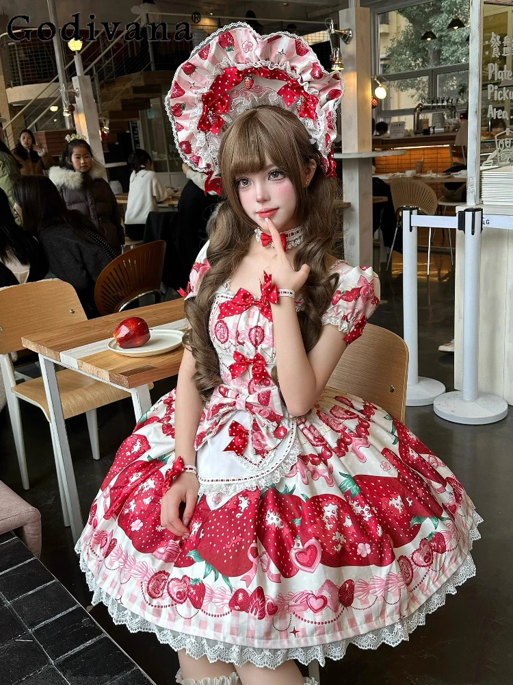 

Sweet Strawberry Print Lolita Dress Op Summer New Girl's Woman's Cute Bow Kawaii Birthday Dress Japan Style Daily Lo Mini Dress