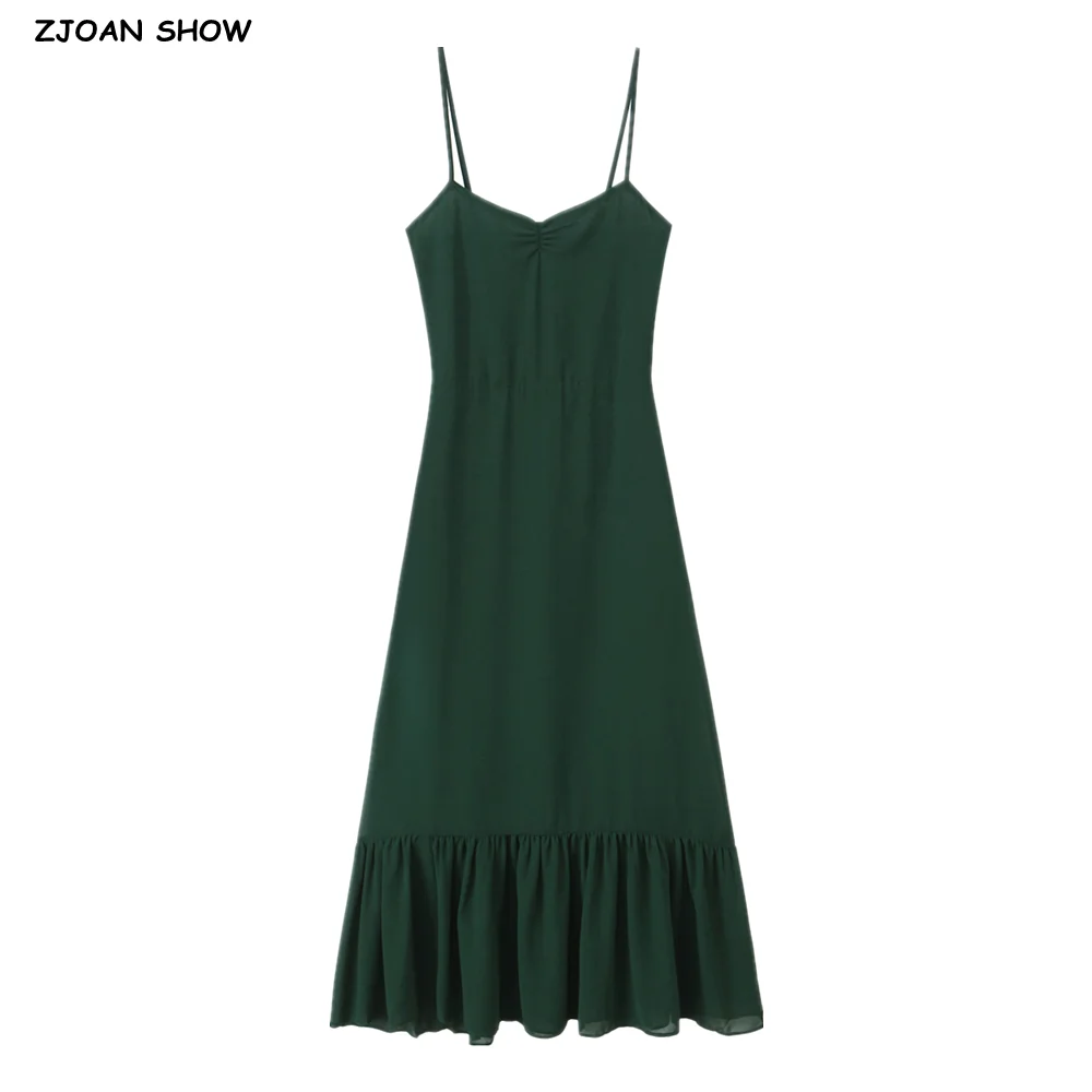 เดรสสีเขียวเรียบแบบมีสายเดี่ยว คอวี ทรงมิดิ สไตล์เรโทรฝรั่งเศส แต่งระบายชายกระโปรง ผูกโบว์ด้านหลัง เซ็กซี่ เหมาะสำหรับวันหยุด