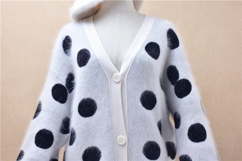 Ladies Women Autumn Winter Fashion White Dot Hairy Angora Rabbit Hair V-Neck Long Sleeves Loose Cardigans Sweater Jacket Coat view 2