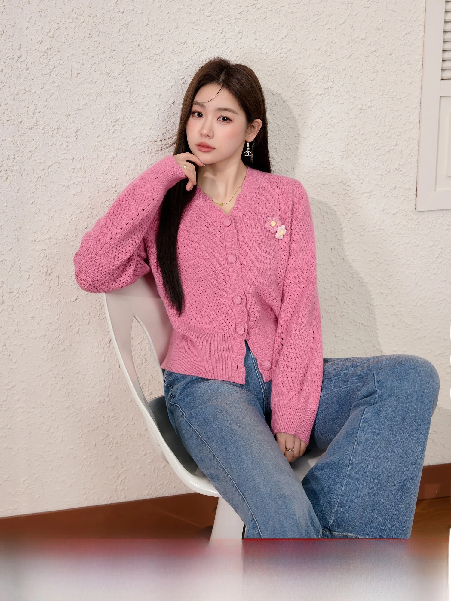 

Slimming Effect Pink V-Ne Knitwear ort Sle for plus Size Women Spring New Arrival Versatile Casual Commute Faion