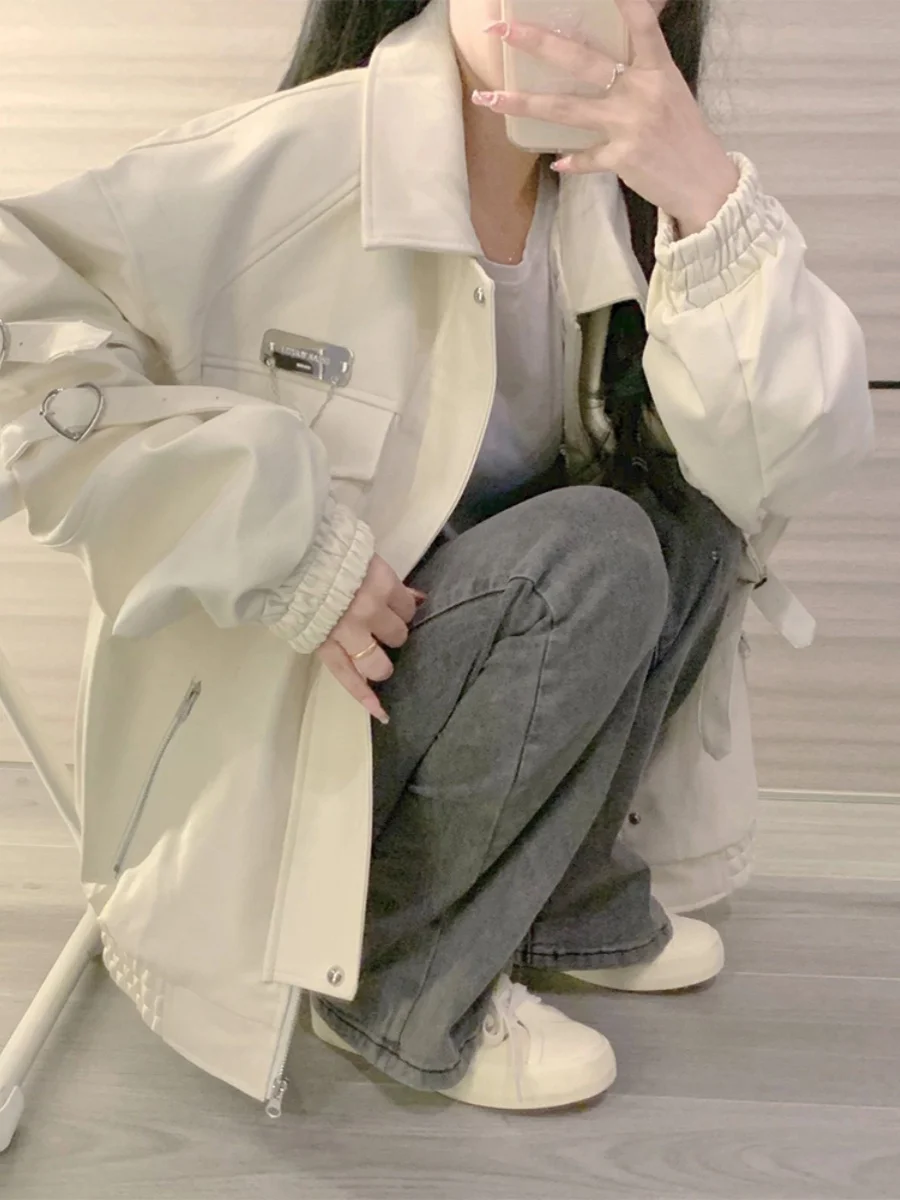 Large Size Beige PU Leather Jacket Women's 2026 Spring Autumn New Design Unique Ring Buckle Motorcycle Style Coat