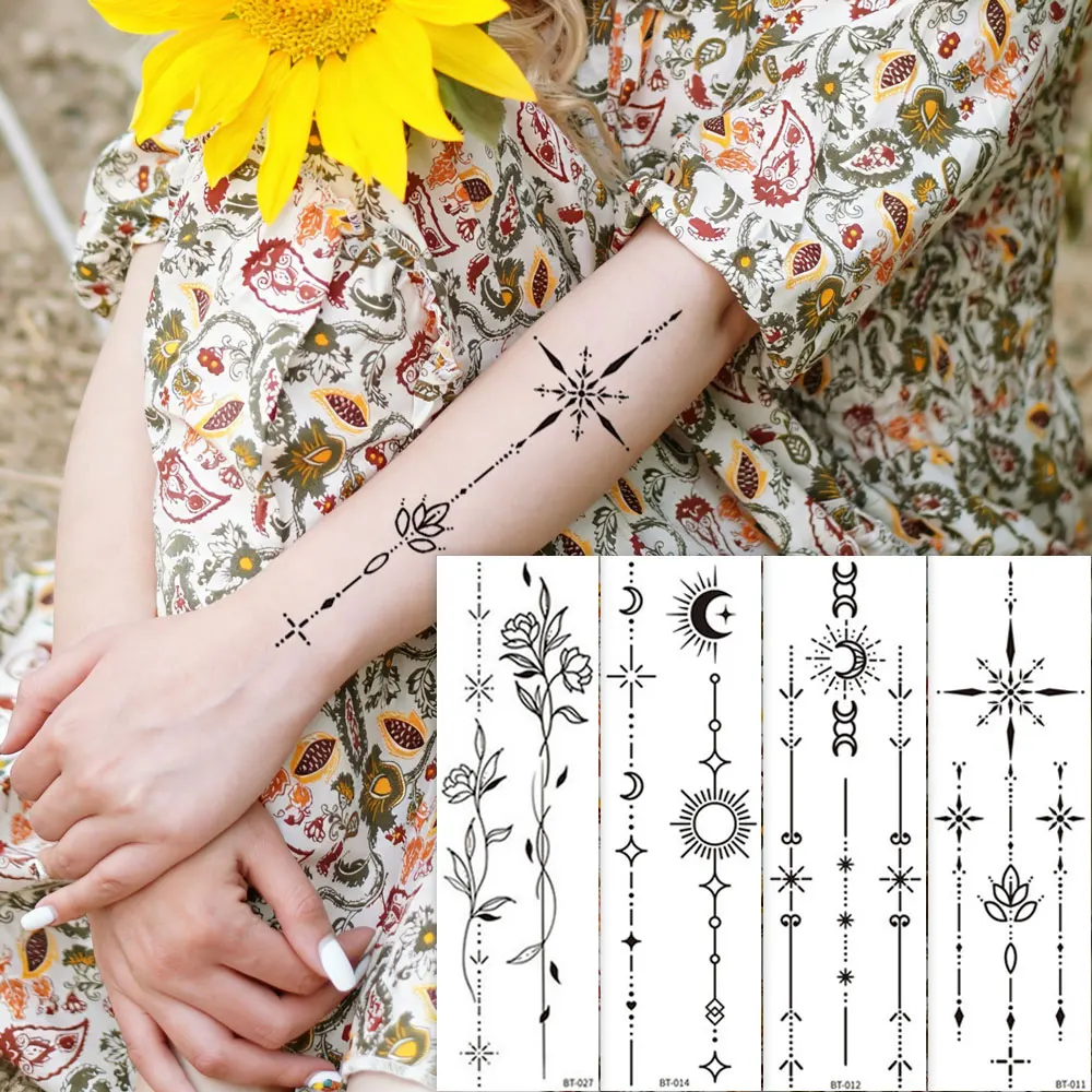 Waterproof Flower Tattoo Stickers Lotus Temporary Tattoo Sun Moon Pattern Women's Tattoo Stickers for Hand Body Tattoo