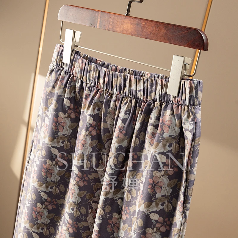 에스닉 스타일 프린팅 실크 전기 방적 탄성 허리 스트레이트 팬츠 여성 바지 여름 2025