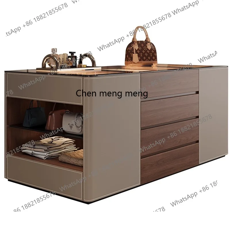 

Saddle Leather Floor Jewelry Cabinet with Ambient Light, Eight Drawers, Bedroom Cloakroom Display Cabinet