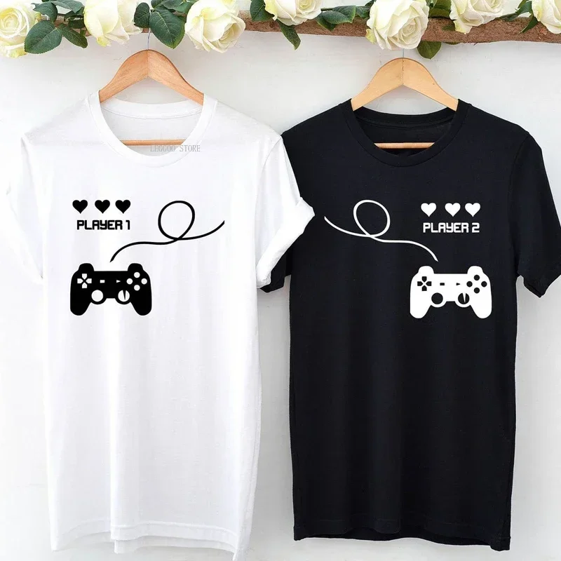 Player 1 And Player 2 Couples Dating T-Shirt Valentine'S Day Gift Cartoon Cute Honeymoon Gamepad Adult Modal Streetwear Shirt