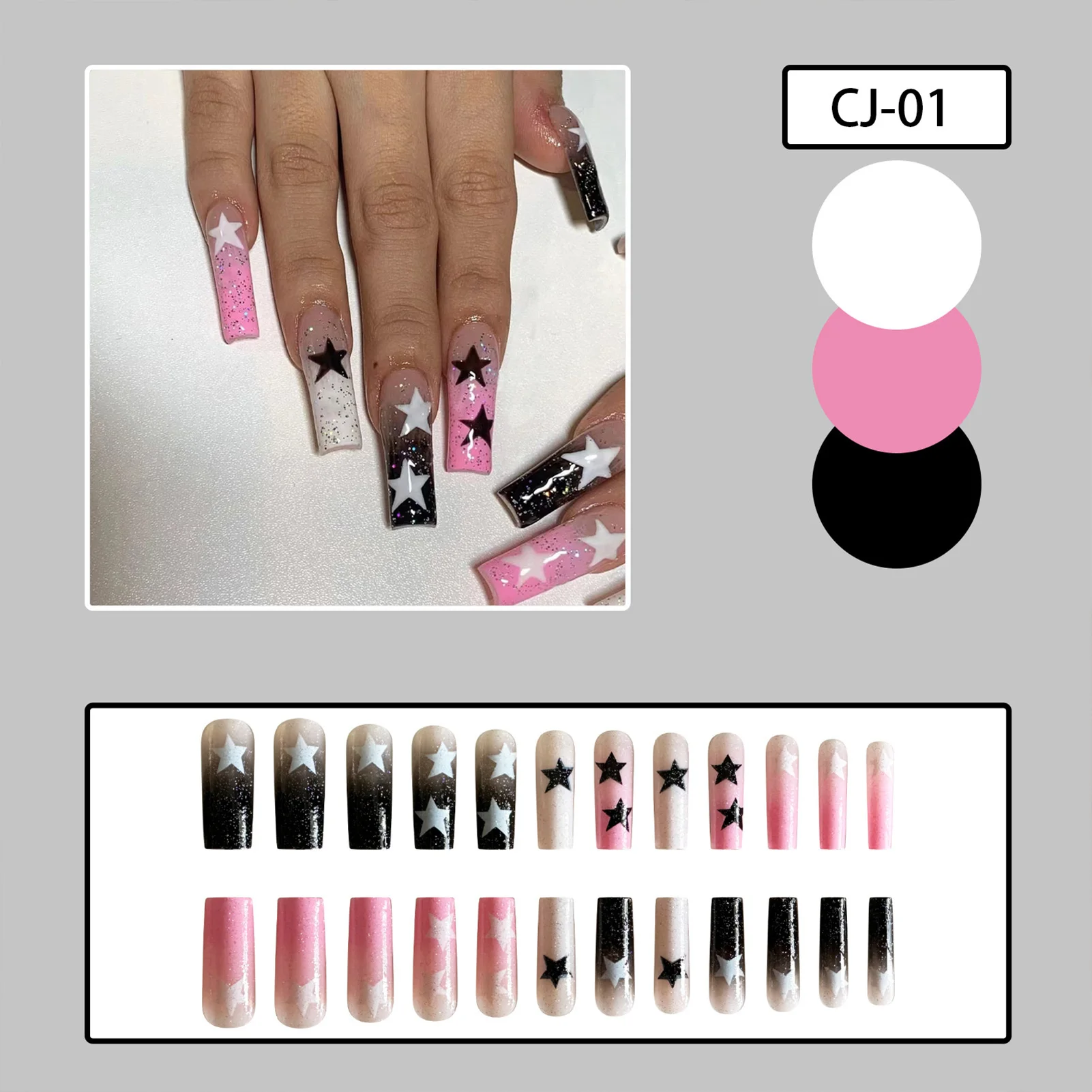 30 Stück Ballett Y2k Stil Press on Nails Schwarz Rosa Stern Blume Gedruckt Fake Nail Tips Tragbare Spicy Girls Falsche Nagelflicken – Detail 8