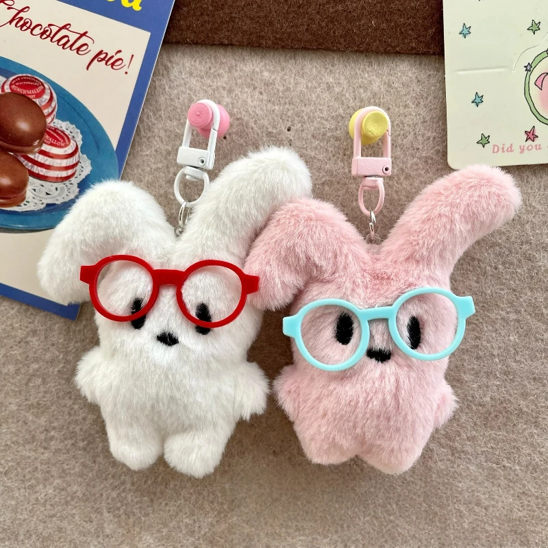 

Plush Rabbit Keychain Cute Glasses Soft Stuffed Bunny Lobster Clasp Bag Pendant Car Key Charm For Girls Women Kids Accessory