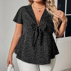 Plus Size luźny damski głęboki Deep V bluzka w kropki Top z nadrukiem szeroka koszula dla kobiet czarny krótki rękaw