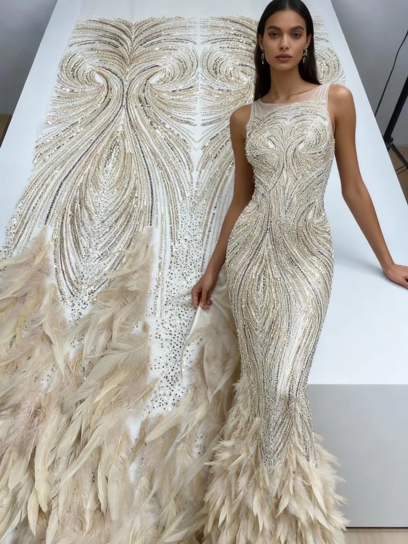 

African Luxury 3D Feather Lace Fabric 2025 High Quality French Nigerian Tulle Beaded Embroidery Lace Fabric Sequins Dress Sewing