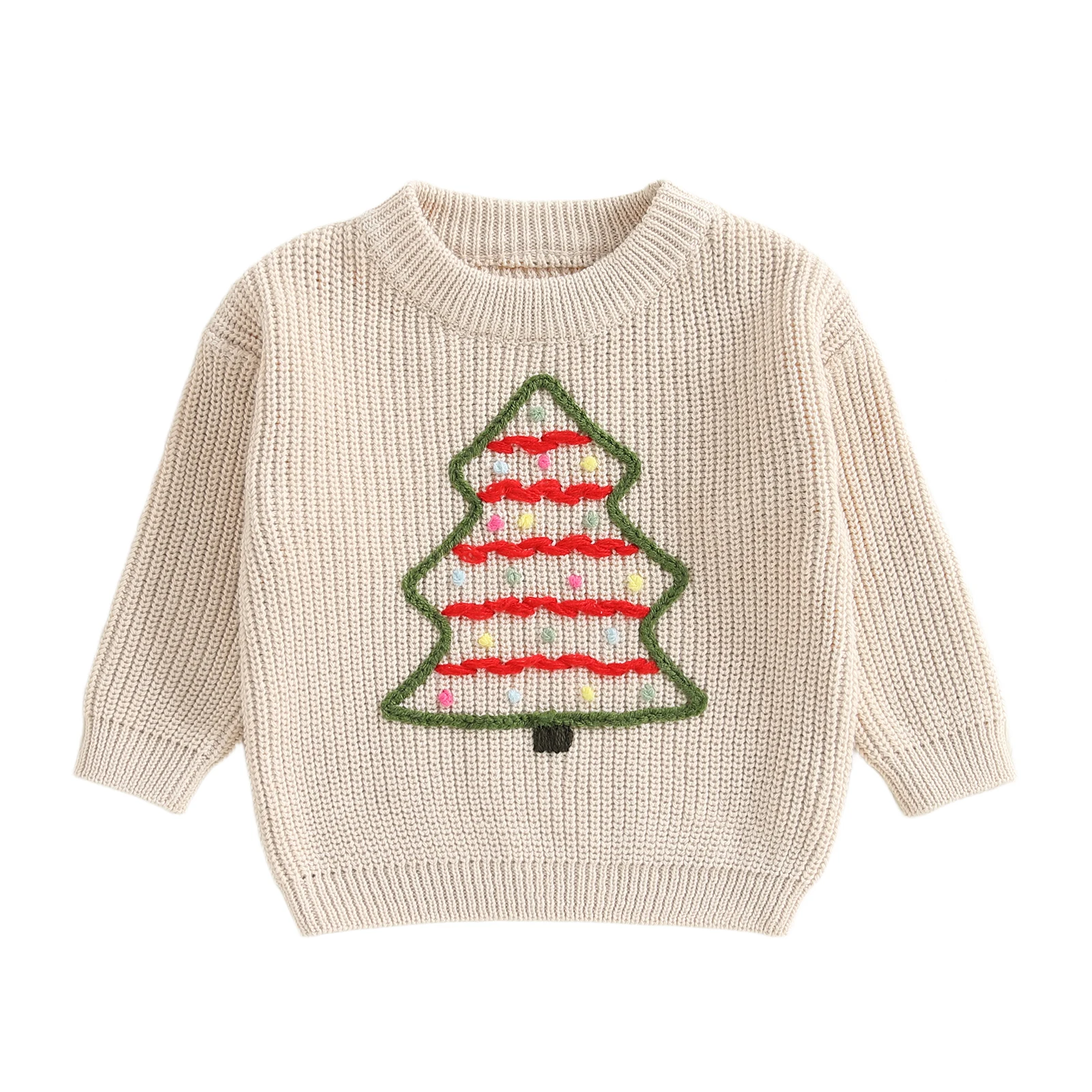 

Toddler Baby Christmas Sweater Christmas Tree Embroidered Ribbed Long Sleeve Knitted Tops for Fall Winter