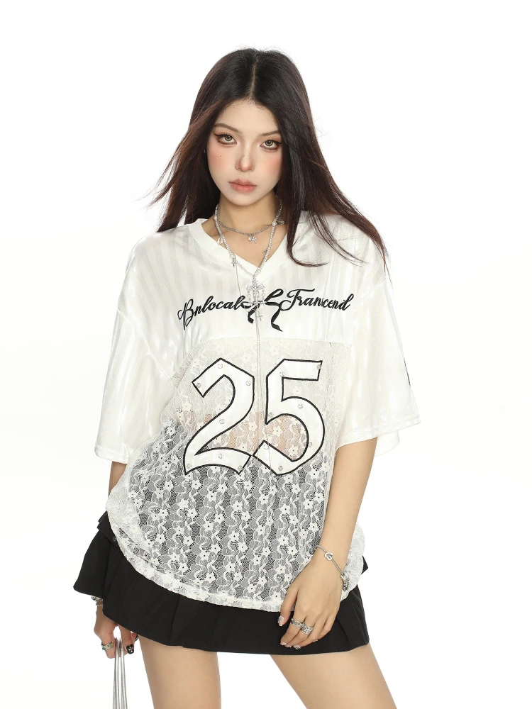 

Retro American Short Sleeve T-Shirt Mesh Hollow Out Sport Jersey Women Y2k Letter Print Loose Breathable Oversize Top Streetwear