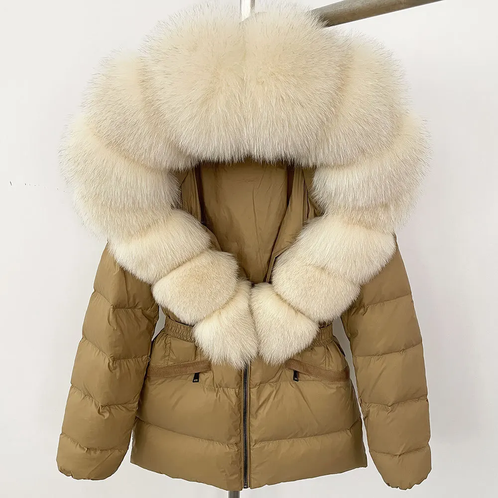 2025, dicke warme lässige Oberbekleidung, natürlicher echter Waschbär, Fuchspelzkragen, Jacke, Winter, Damen, mit Kapuze, weiße Ente, Daunenmantel, Gürtel