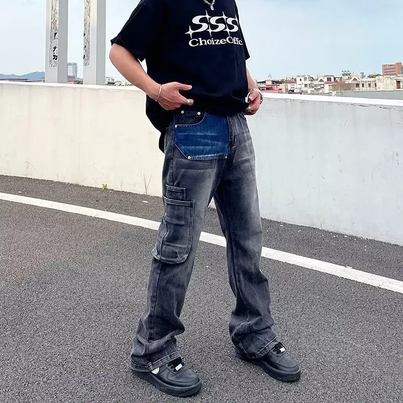 Celana Jeans Patchwork Hitam Biru Model Baru Berkualitas Tinggi, Model Micro Flared, Nyaman, Bahan Denim Stretch untuk Pria dan Wanita