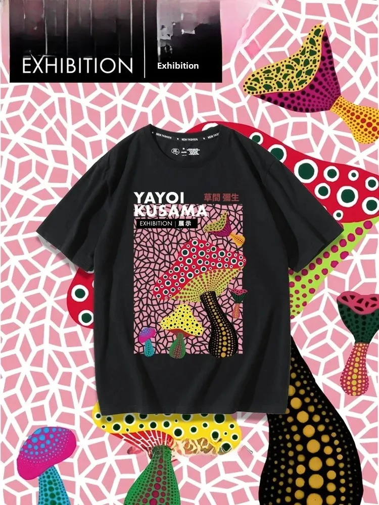 Yayoi Kusama Japanese Style Dot Mushroom  Art Unisex Short Sleeve T-Shirt Soft Comfortable Pure Cotton Casual round Neck