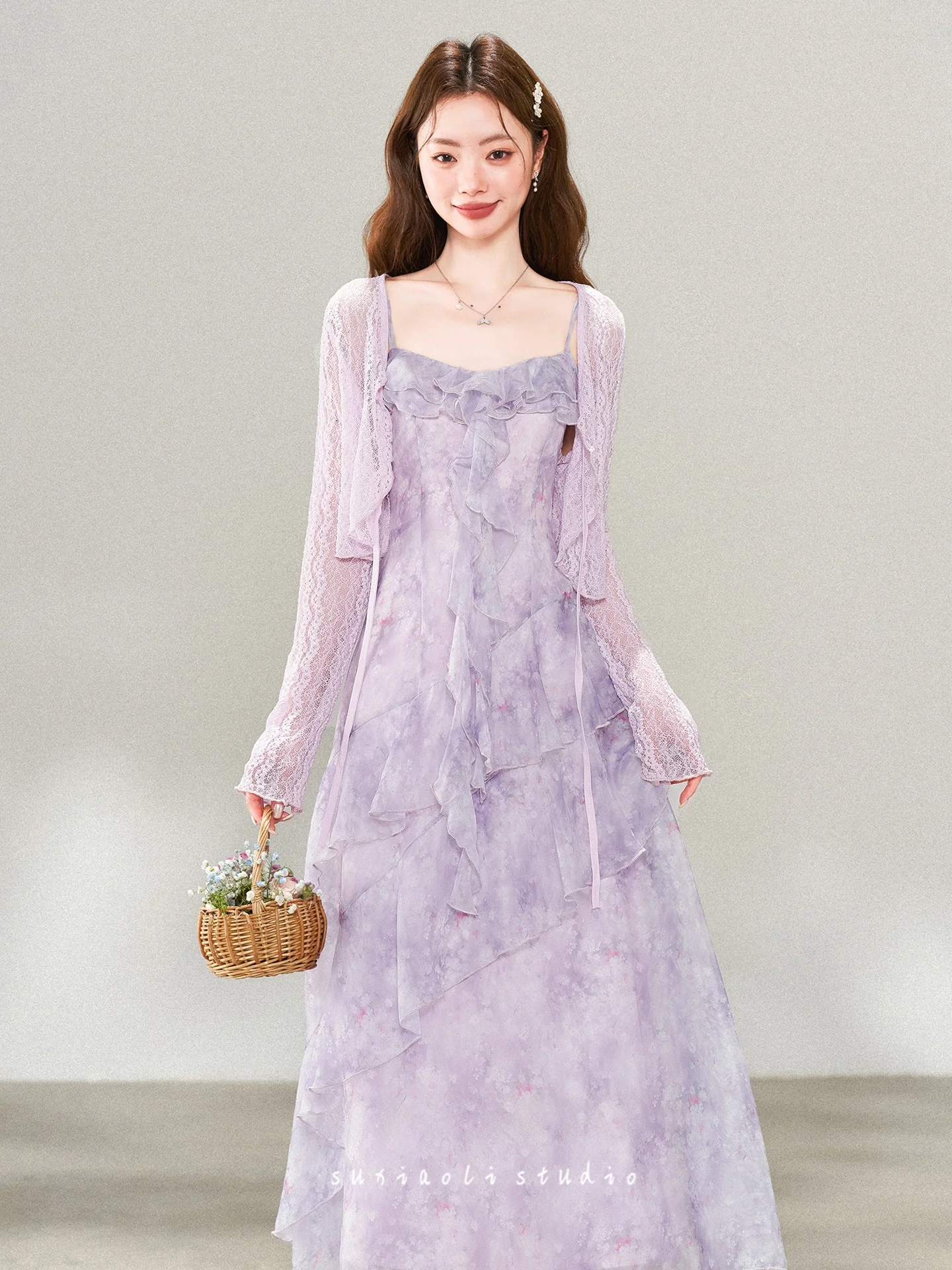 

Весенняя новинка: комплект из блузки и кардигана с фиолетовым цветочным принтом, женский, с высокой талией, длинными рукавами, повседневный стиль