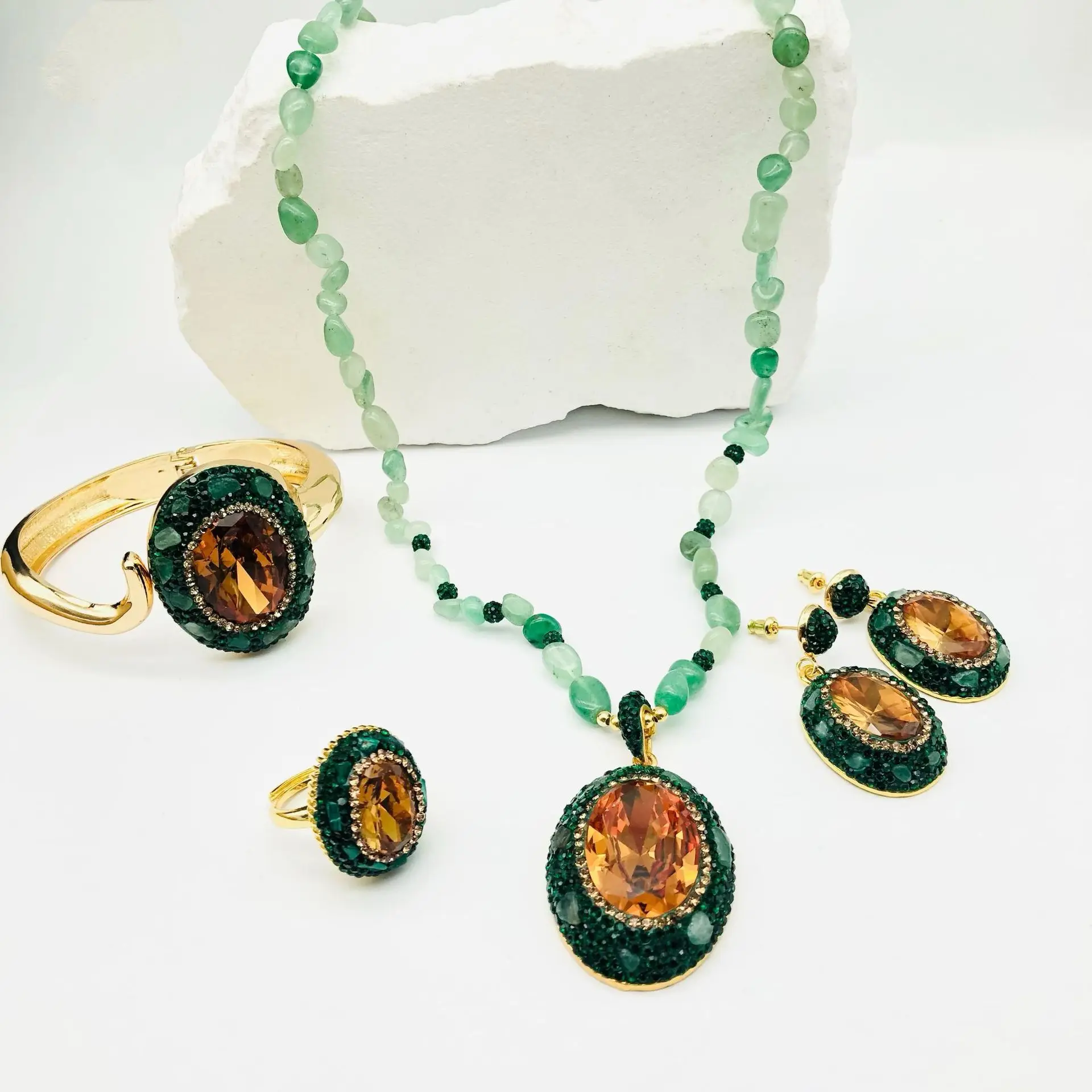 Turkish Zultanite Color Change Stone Jewelry Set 4PCS Green Crystal Oval Gemstone Necklace Drop Earrings Cuff Bracelet Ring