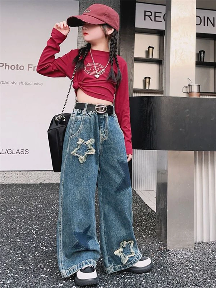 Girls Five Star Pattern Jeans Spring Fashion Teenage School Casual Straight Wide Leg Jeans for Kids 4-15 Years Children Trousers