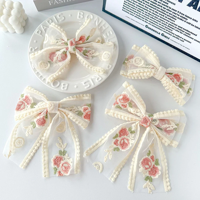 

Банты для волос с вышивкой, кружевные большие банты, заколка для волос, женская элегантная весенняя заколка, весенне-летние аксессуары для волос, женские заколки