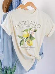 Positano Lemon Print T-shirt Short Sleeve Crew Neck Casual Top For Summer & Spring Unisex Summer Fashion Vintage Fruit T Shirt