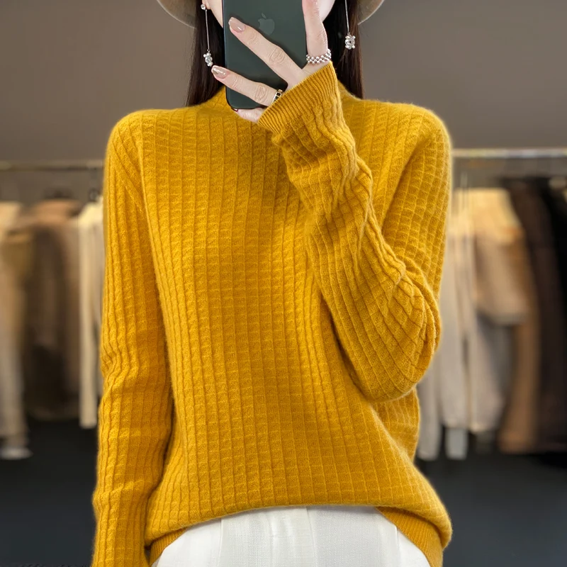 Pure Wool Knitted Sweater for Women Autumn and Winter Fashion New Waffle Pattern Women\'s Clothing Pullover Soft Warm Loose Top