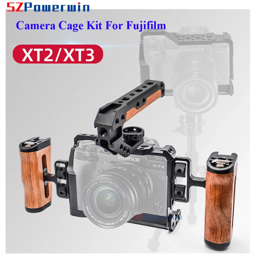 Powerwin For Fujifilm XT3 XT2 Camera Cage Rig Kit with wooden Handle Aluminum Alloy Multifunctional Arri Locating Screw