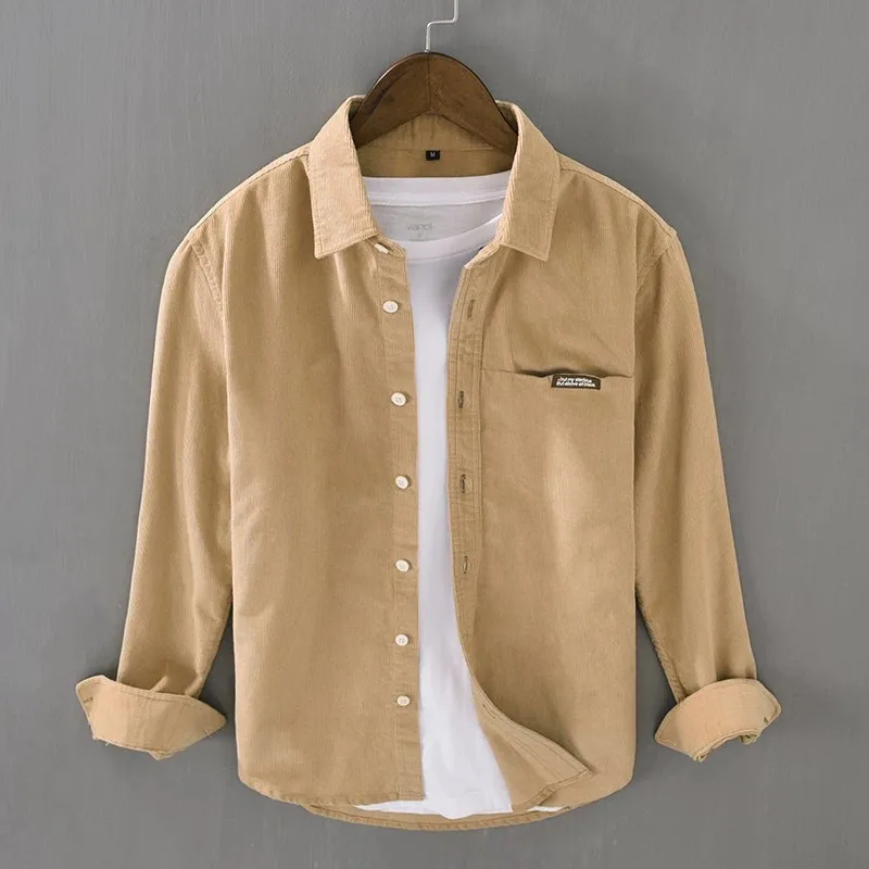 Corduroy Long Sleeve Shirt Men's Spring Autumn Casual Loose Pointed Collar Workwear Jacket Vintage Style Polyester Fiber