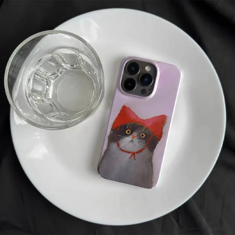 Painting Wearing Red Riding Hood Art Cat Phone Case for IPhone 15 14 11 12 13 Pro Max Korean Gothic Phone Case for IPhone XR X