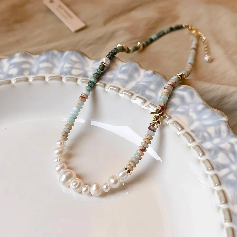Neue Ankunft Trendy Mischfarbe Naturstein & Süßwasser Perle 14K Gold Gefüllt Damen Perlen Kette Halskette Schmuck Geschenk Kein Verblassen – Detail 6