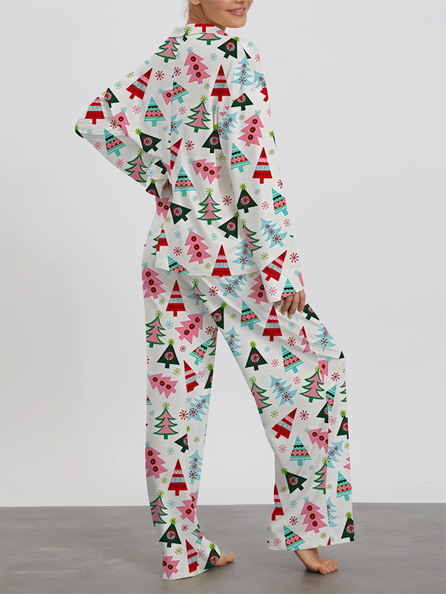 Christmas Pajamas Set for Women with Festive Reindeer and Snowflake Print Long Sleeve V-Neck Tops and Pants Lounge Wear 2 Pcs