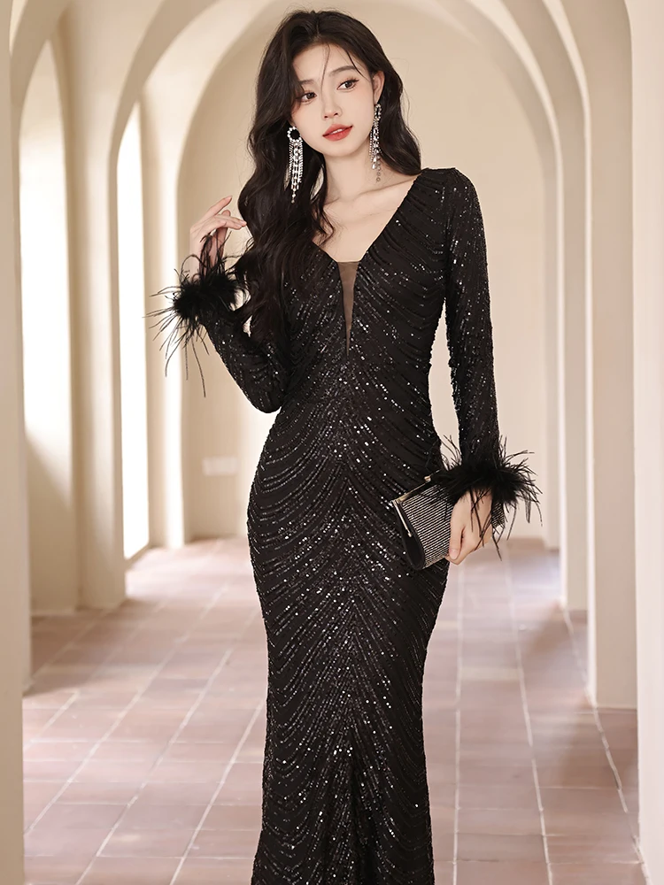 

Вечернее платье Ele Bla для женщин, новинка 2025 года, элитное, роскошное, с длинными рукавами, фасон «рыбий хвост», для зимних мероприятий и ежегодных встреч, для ведущих.