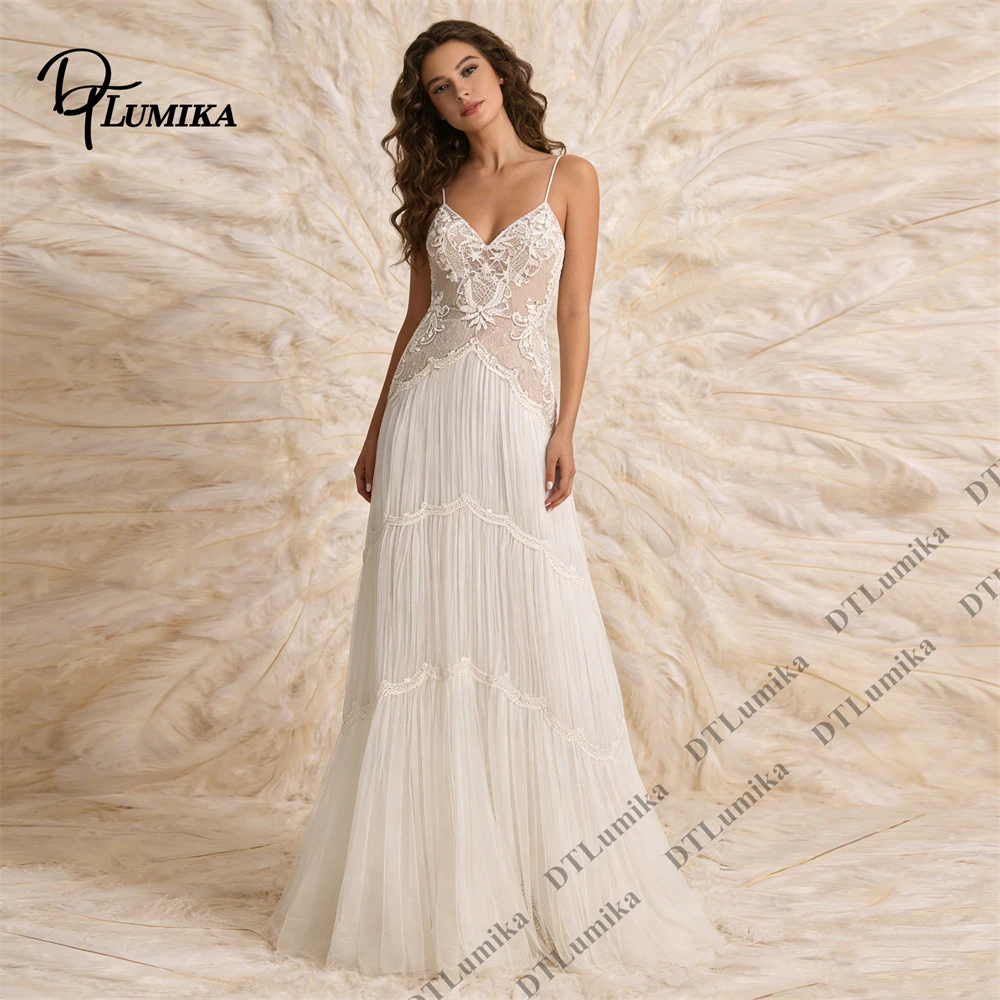 

Spaghetti Strap Wedding Dress with Lace Bodice and Tiered Tulle Skirt Boho Beach Bride Dress Free-Spirited Romantic Bridal Gown