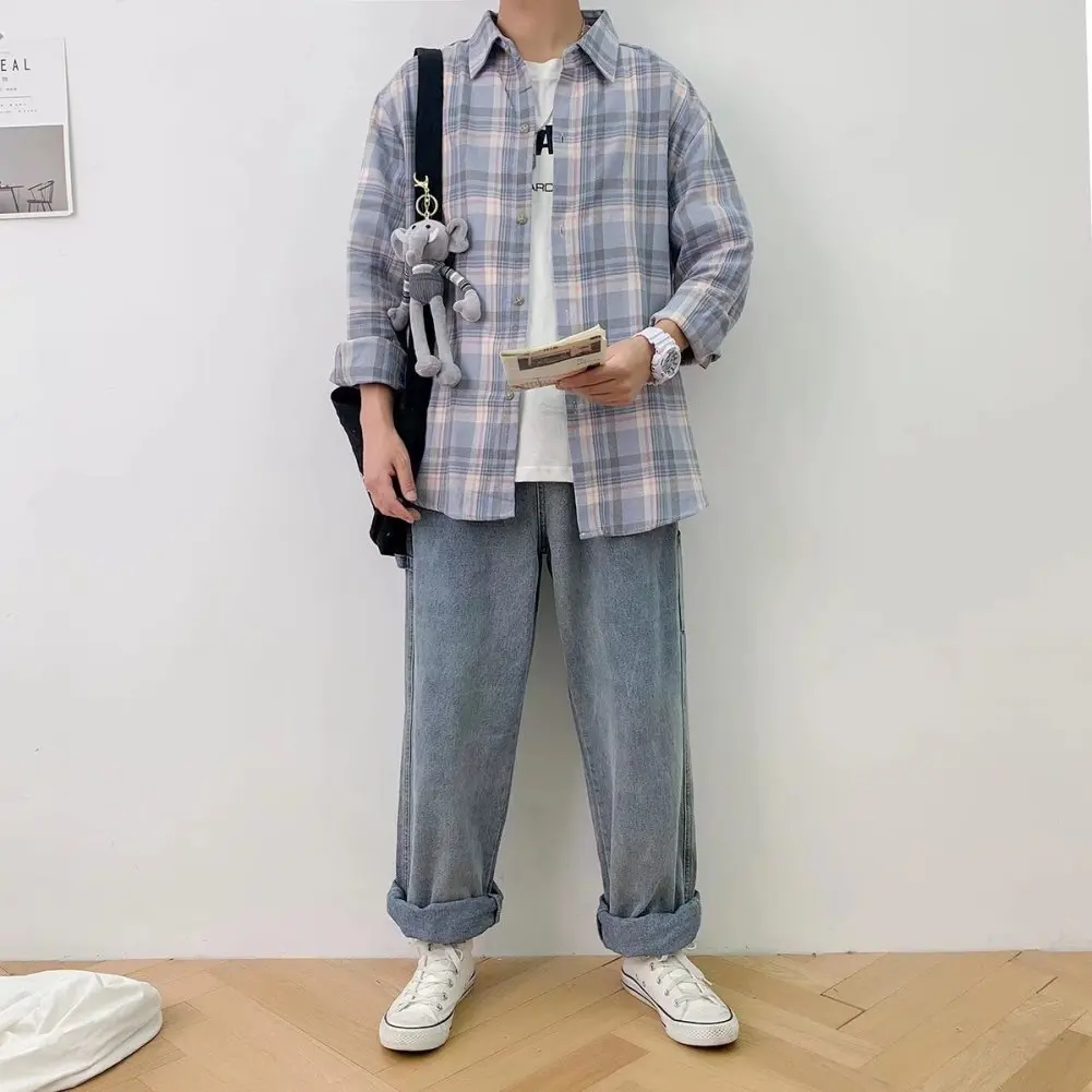 تي شيرت رجالي مطبوع منقوش ، سترة بأكمام طويلة بسيطة ، قميص فضفاض غير رسمي ، قمم كبيرة الحجم ، عصرية