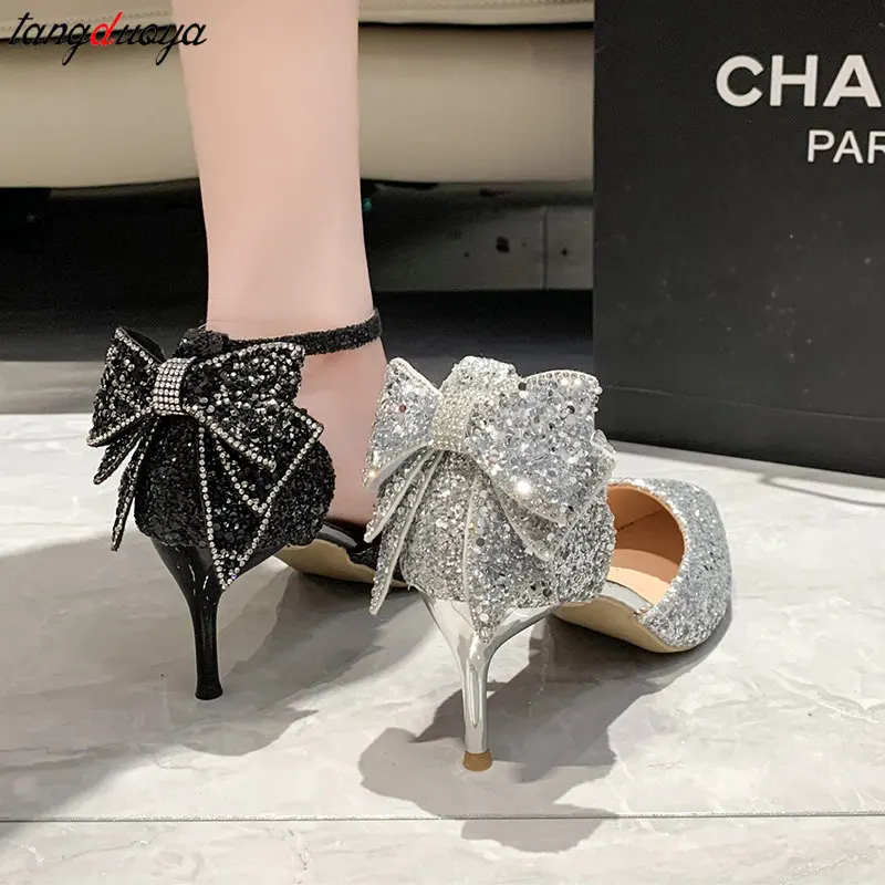 Sweet Bowknot Pumps Women New Silver Bling Sequins Wedding Party Shoes Woman Luxury Bling Upper Dress Heels Party Shoes