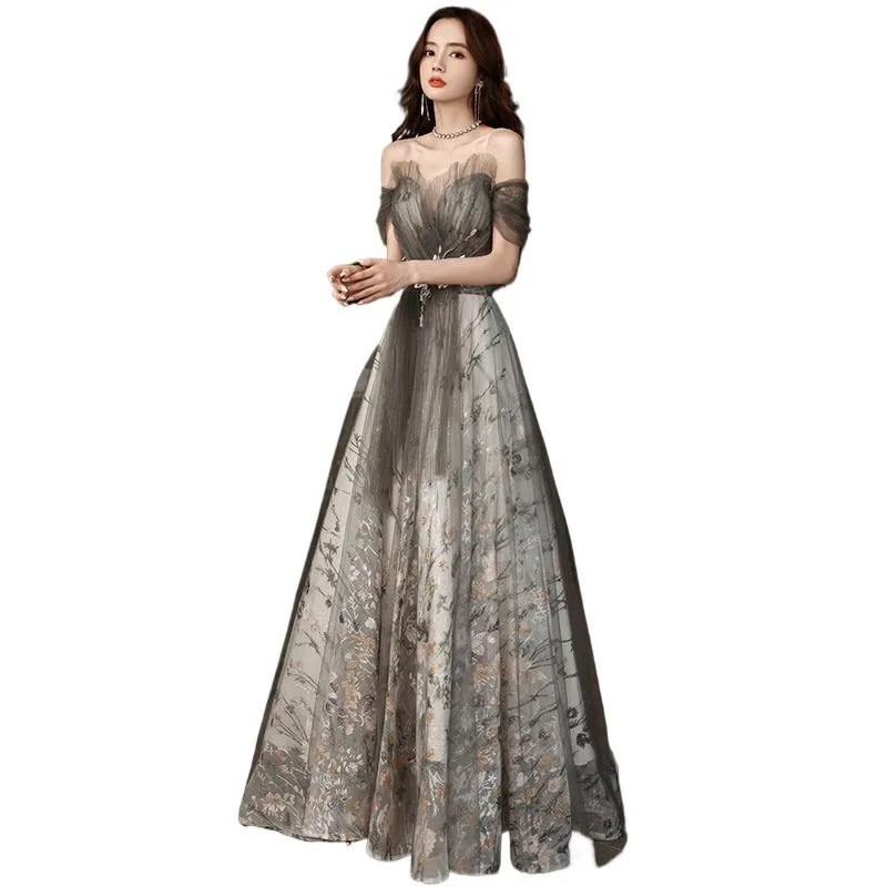 Women's New Grey One Shoulder Mesh Highlight Evening Dress Fashionable Slimming Temperament Elegant Banquet Minimalist Dress