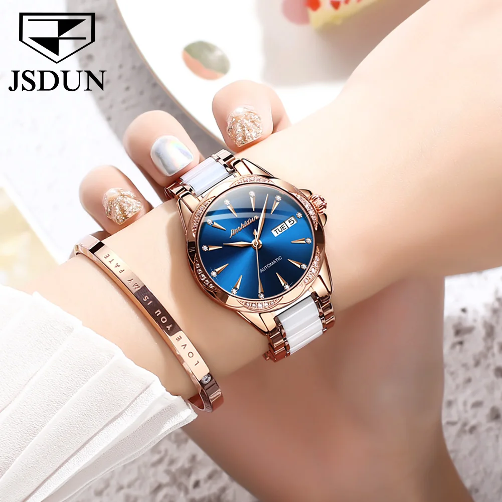 JSDUN Luxury Original Automatic Mechanical Watch for Women High Quality Ceramic Lady Wrist Watch Elegant Fashion Women\'s Watch