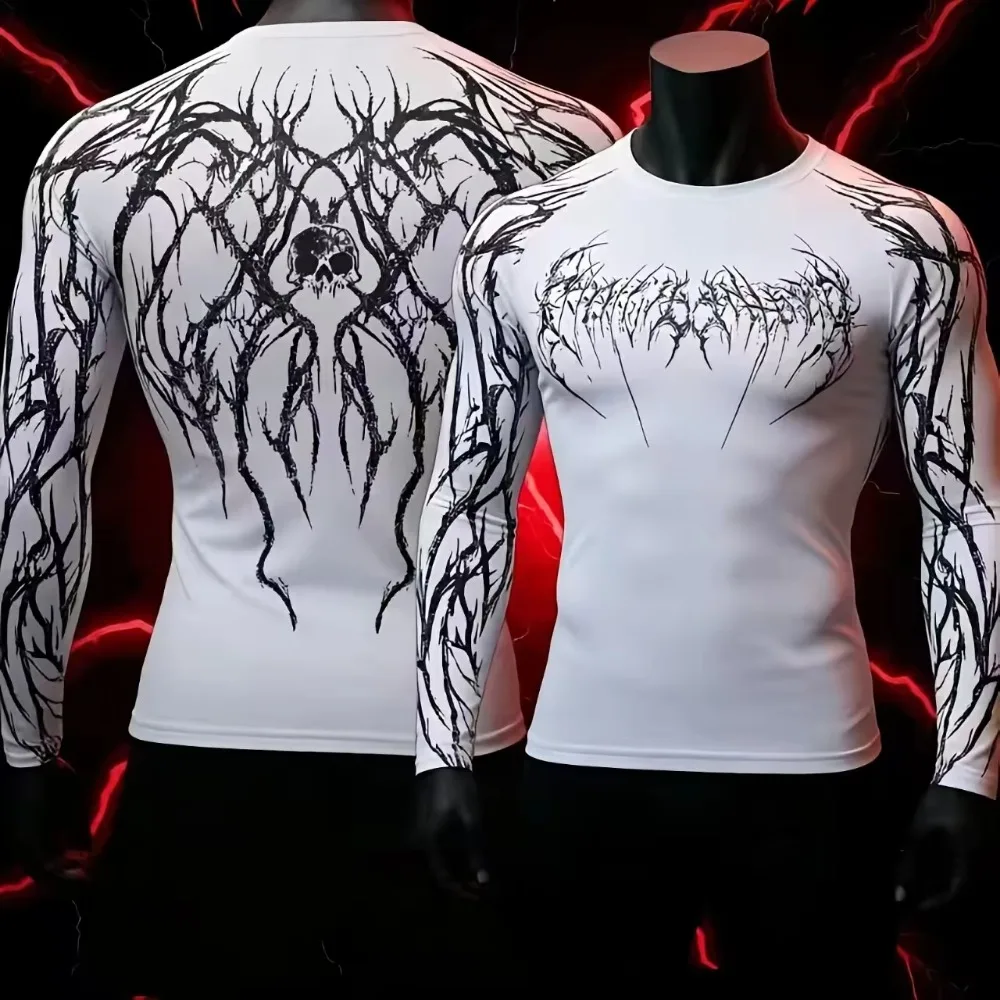BJJ MMA Men's Halloween Gothic Toothed Long Sleeve Fitness Jiu Jitsu T-shirt Men's Breathable Quick Drying T-shirt