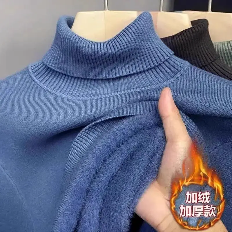 Men Fleece Lined Turtleneck Sweater Autumn Winter Thick Warm Knit Bottoming Shirt Casual Solid Color Top