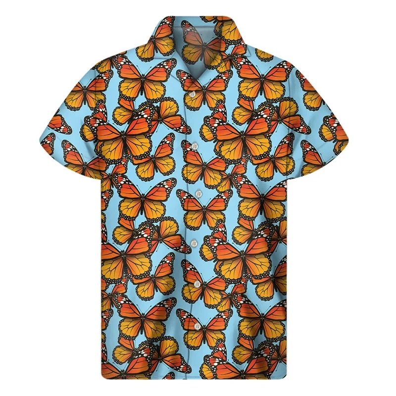 Colorful Butterfly Lapel Shirt For Men 3D Print Short Sleeve Harajuku Hawaiian Shirts Tops Fashion Button Blouse Streetwear