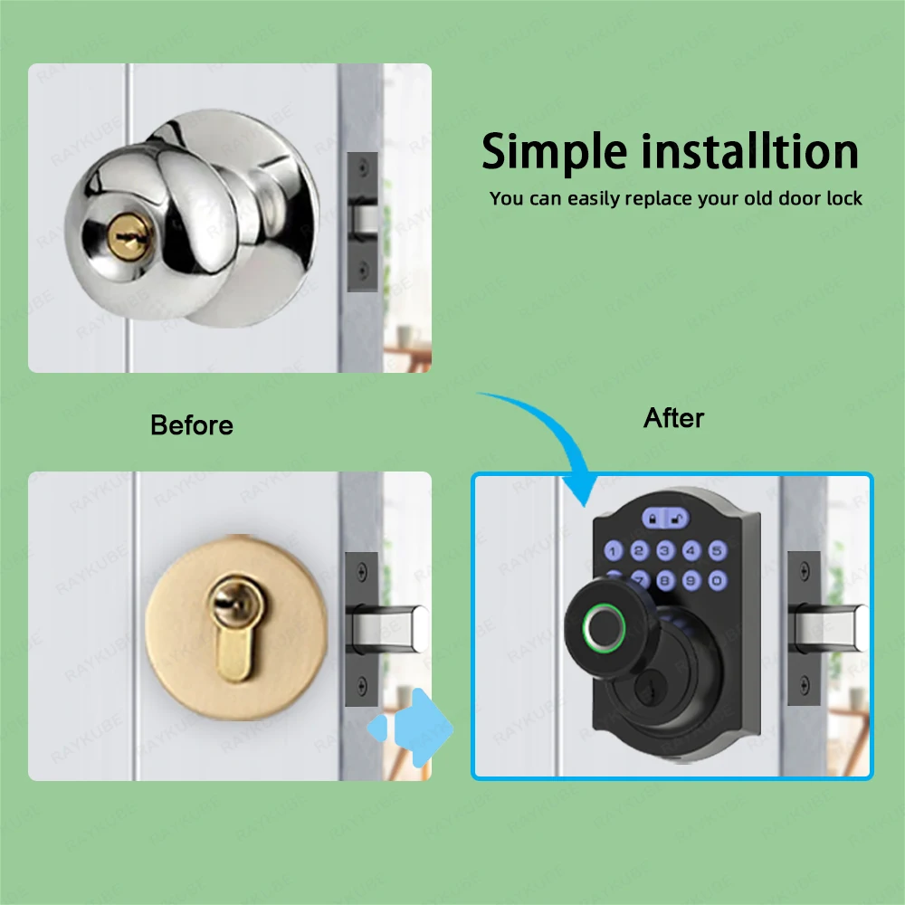 RAYKUBE-Tuya BLE Fingerprint Deadbolt Lock, Bloqueio Digital Inteligente, Bloqueio automático, Atraso de senha, Chave, APP desbloqueio remoto, 904F,