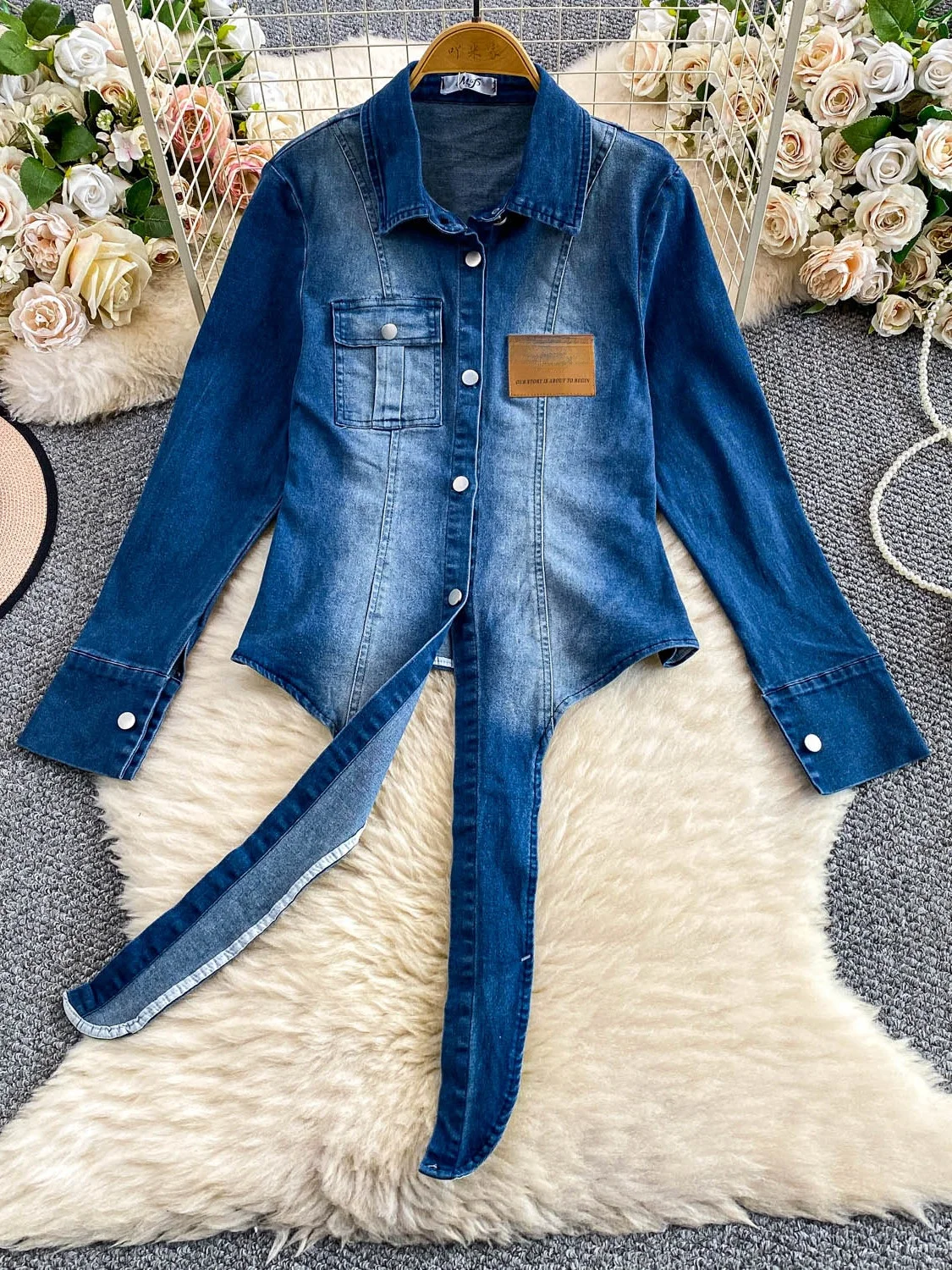 

Ретро американский синий джинсовый джинсовый тюнер Long Sve, женский осенний утягивающий модный топ с поясом, прямой крой, застежка на пуговицы