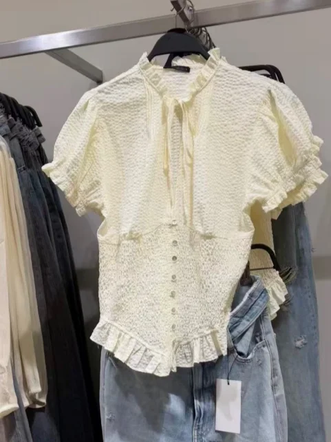 

Spring 2026 Women's Faion Bubble Sve Structure irt Sweet Sle Pure Cotton Breathable ort Sve Top