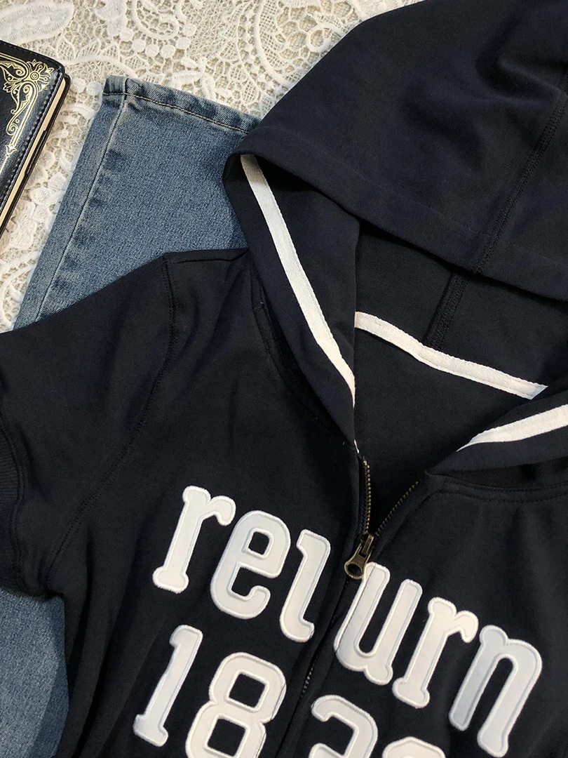 Blue Letter Print Hoodie Jacket Short Sleeve Women's Spring Vintage Waist Cinched Casual Style Cotton Blend Zipper Closure