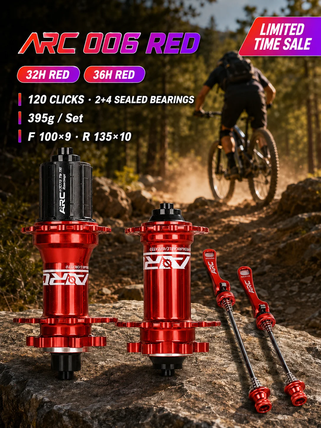 ARC 006 MTB Fahrradnabensatz Vorne Hinten 28/32/36H 120 Klicks 2+4 Gedichtete Lager HG 8-12S Scheibenbremse Schnellspanner – Detail 1